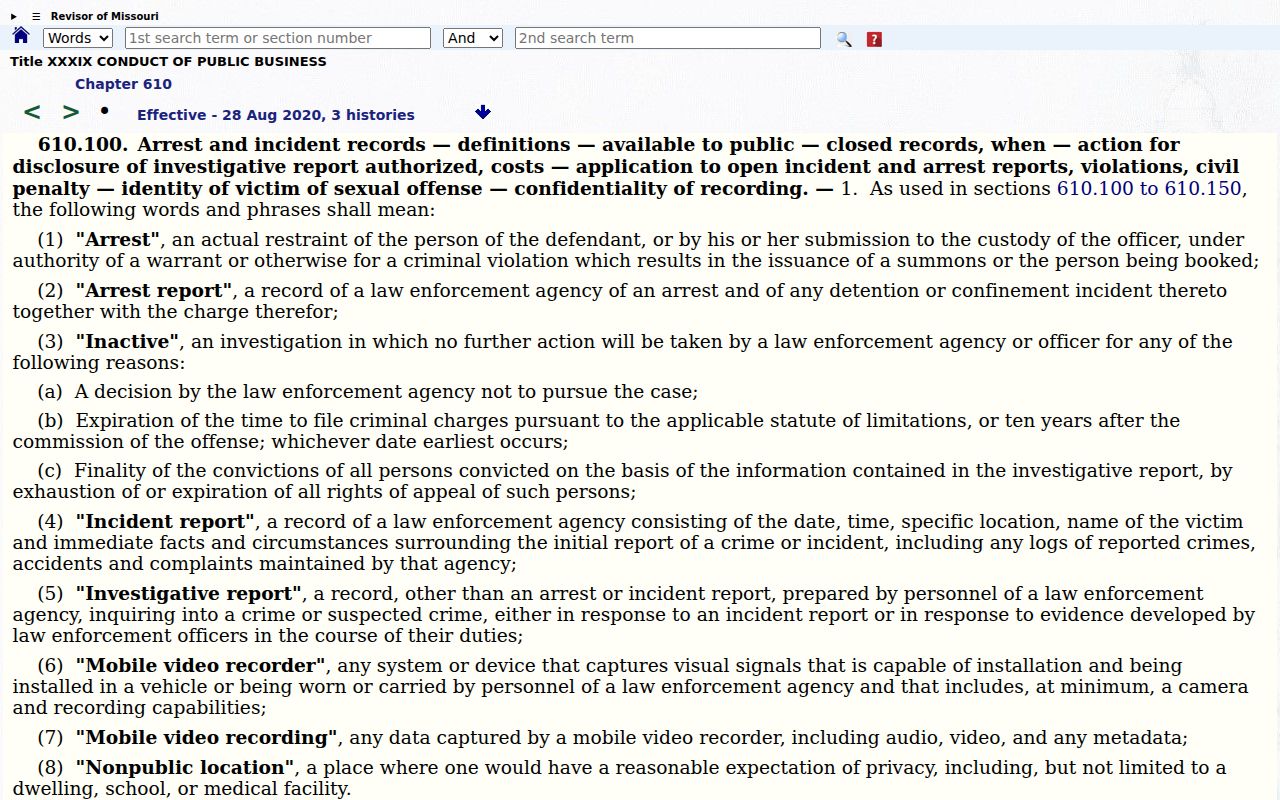 Reynolds County arrest record access statute page
