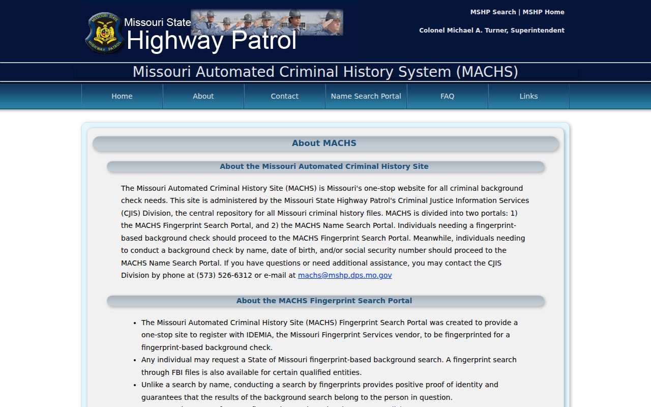 Reynolds County arrest history MACHS fingerprint search information