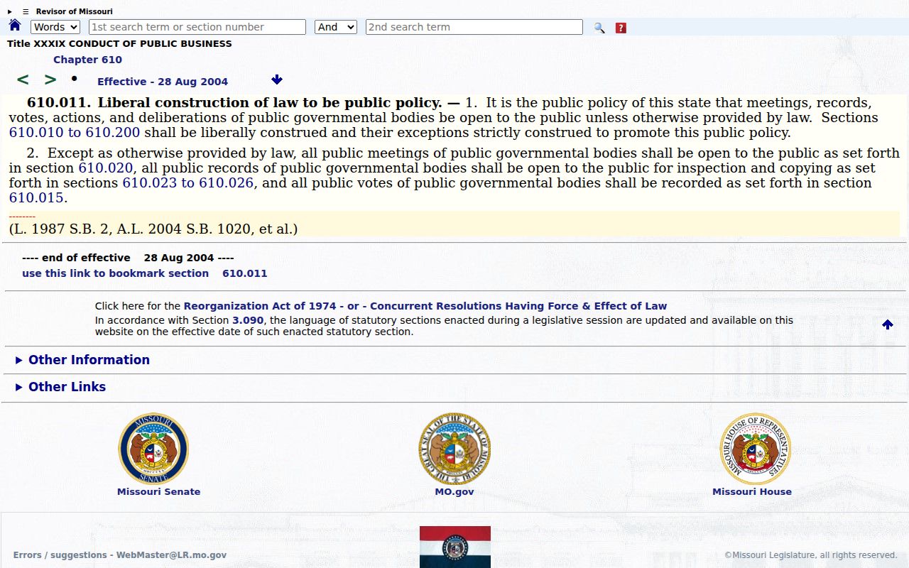 Bunker criminal records in Reynolds County and Missouri Sunshine Law policy