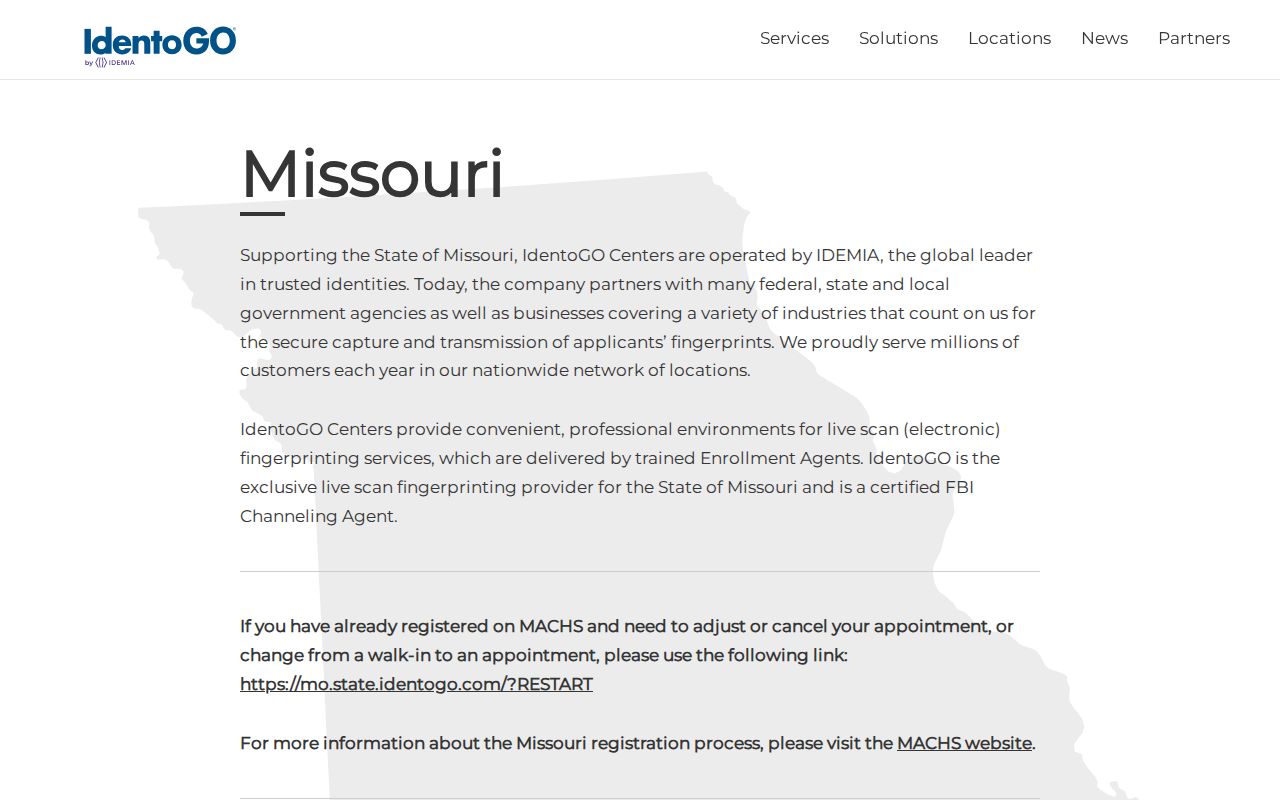Official Missouri IdentoGO fingerprint location finder for Ellington residents