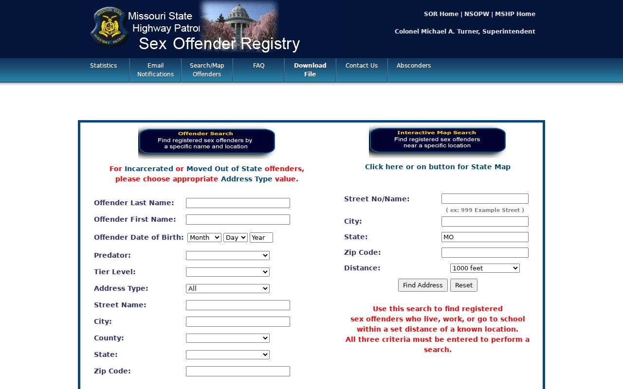 Missouri Sex Offender Registry public search interface for a Reynolds County lookup