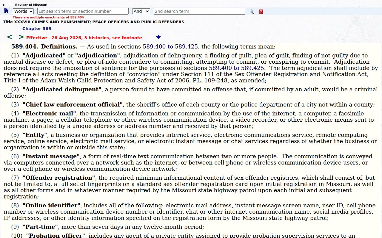 Missouri sex offender registry tier definition statute used for Reynolds County profiles