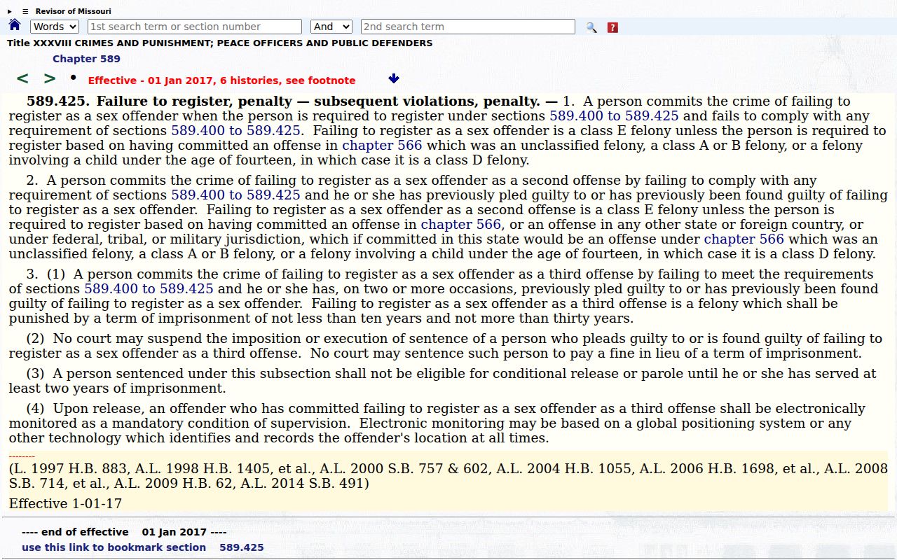 Missouri statute addressing sex offender registry violations and misuse